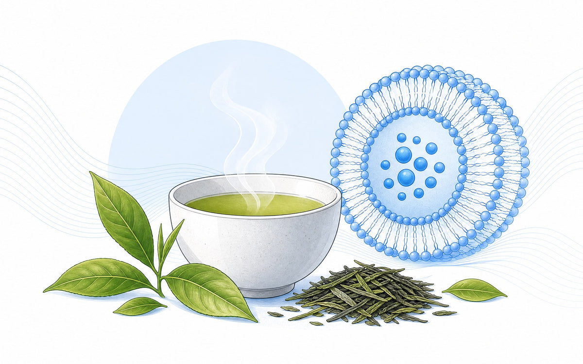 Liposomales GABA mit L-Theanin: Tasse grüner Tee und lose Teeblätter