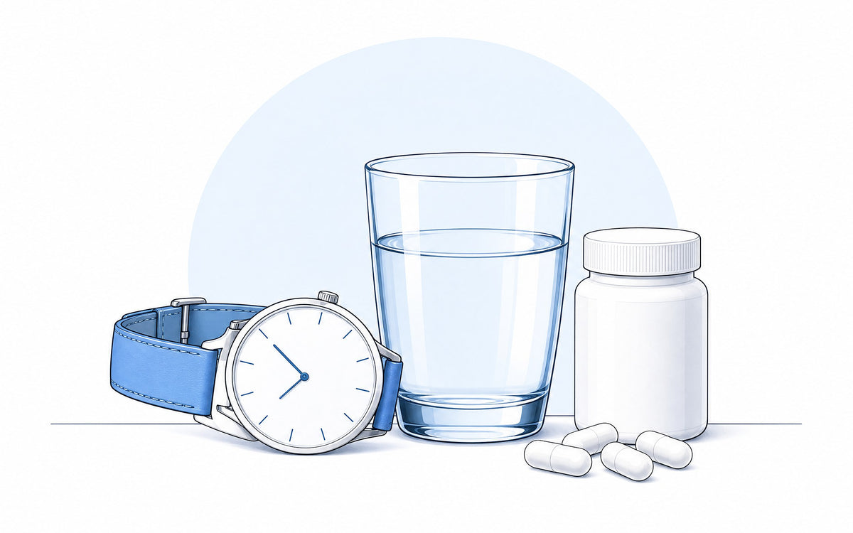 Glutathion wann einnehmen: Armbanduhr neben einem Glas Wasser und einer Dose mit Kapseln