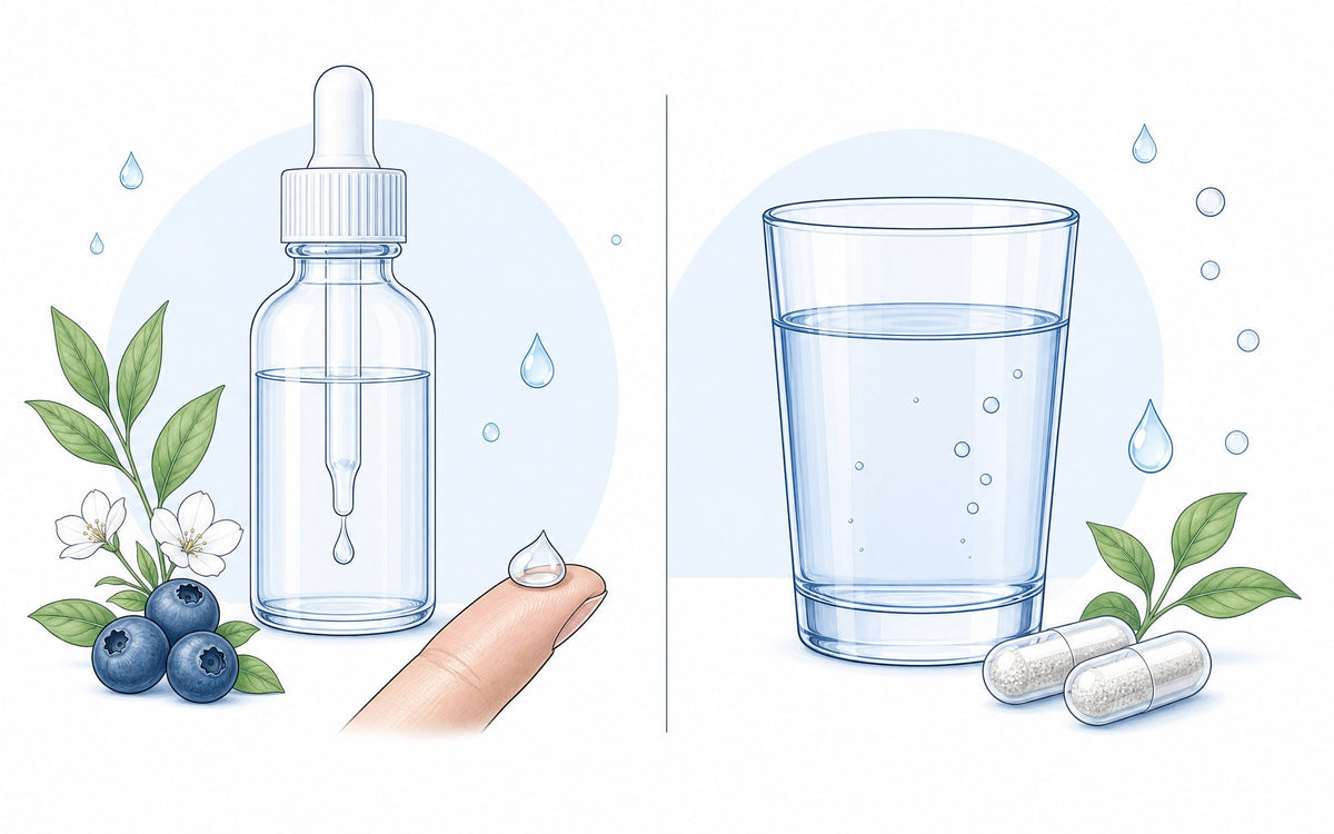 Hyaluronsäure einnehmen oder auftragen: Serum auf der Fingerspitze neben einem Glas Wasser mit Kapseln