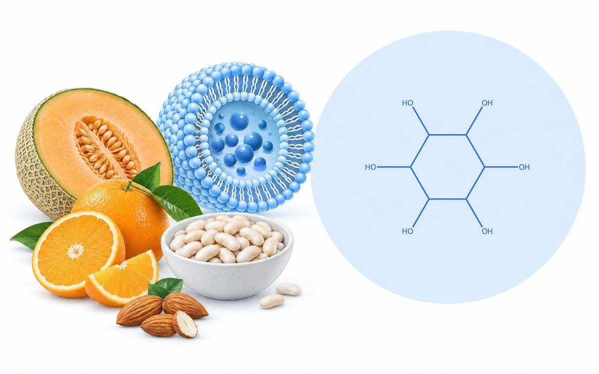 Inositol, was ist das? Melone, Orangen, Bohnen und Mandeln neben der Strukturformel von Myo-Inositol