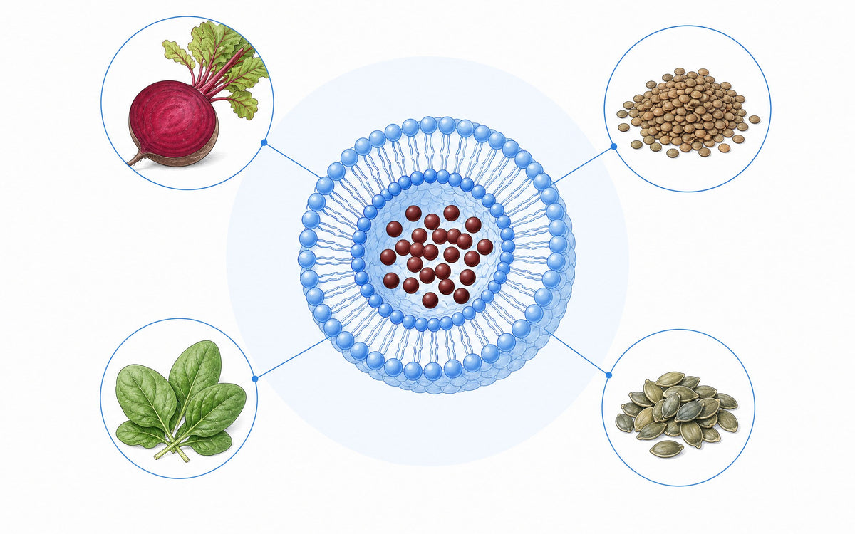 Liposomales Eisen: Liposom mit Eisen im Kern, umgeben von Roter Bete, Linsen, Spinat und Kürbiskernen