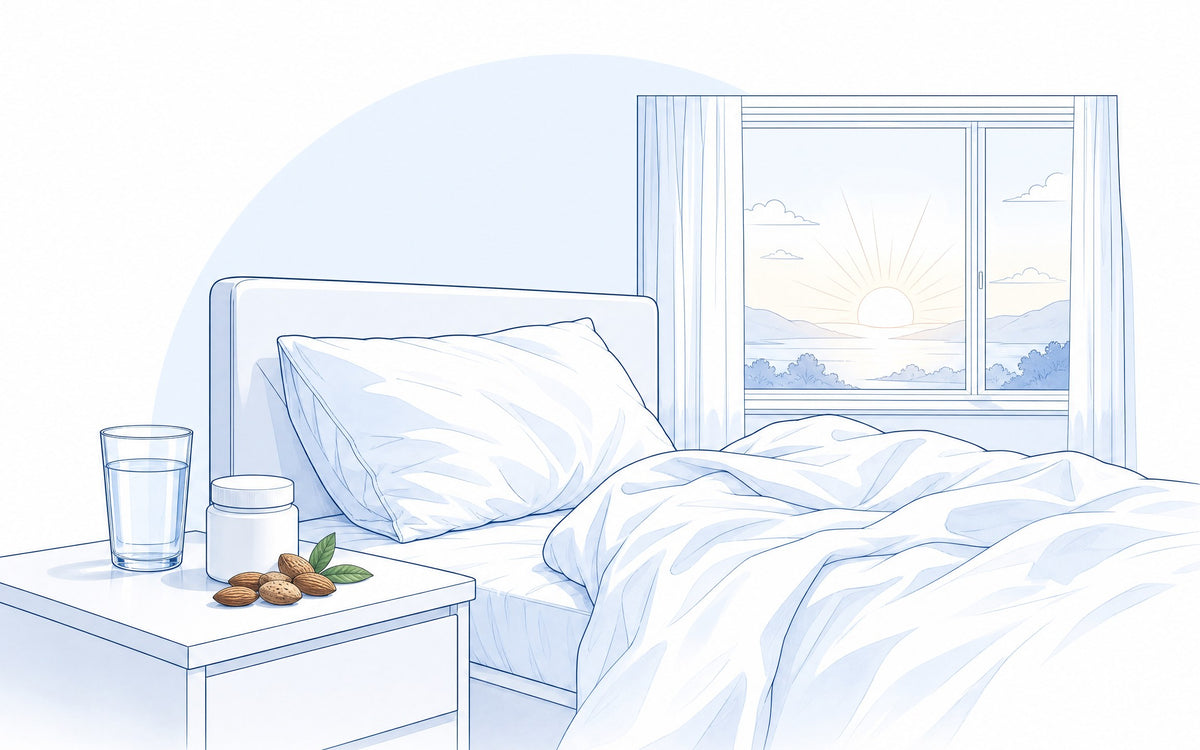 Welches Magnesium zum Schlafen? Bett am Morgen, auf dem Nachttisch Wasser, eine Dose und Mandeln