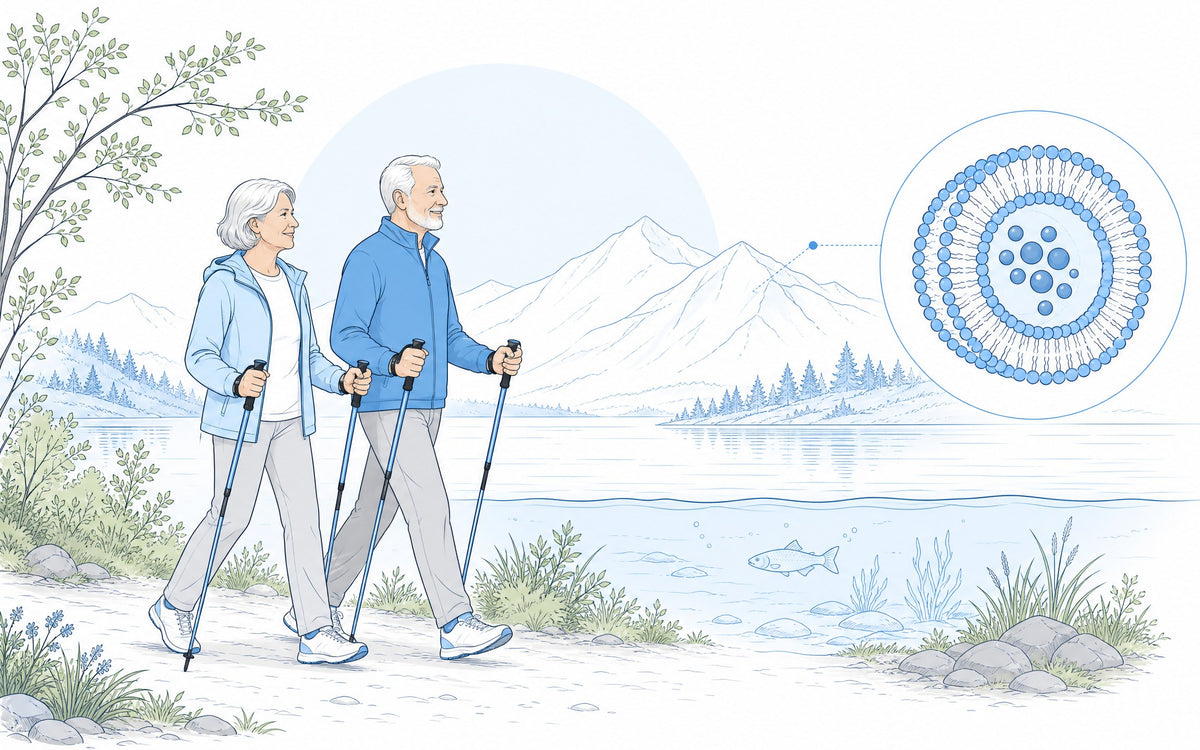 Omega 3 Studie aus Zürich: älteres Paar beim Nordic Walking am See
