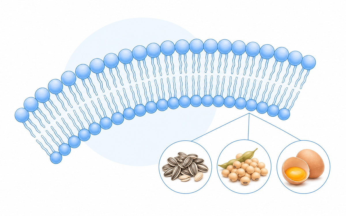 Phospholipide: Ausschnitt einer Doppelschicht mit Köpfen und Fettsäureketten, dazu Sonnenblumenkerne, Sojabohnen und ein Ei