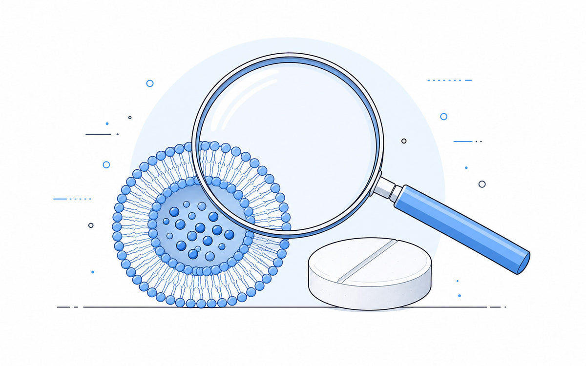 Warum liposomal besser sein soll: Liposom und Tablette unter einer Lupe