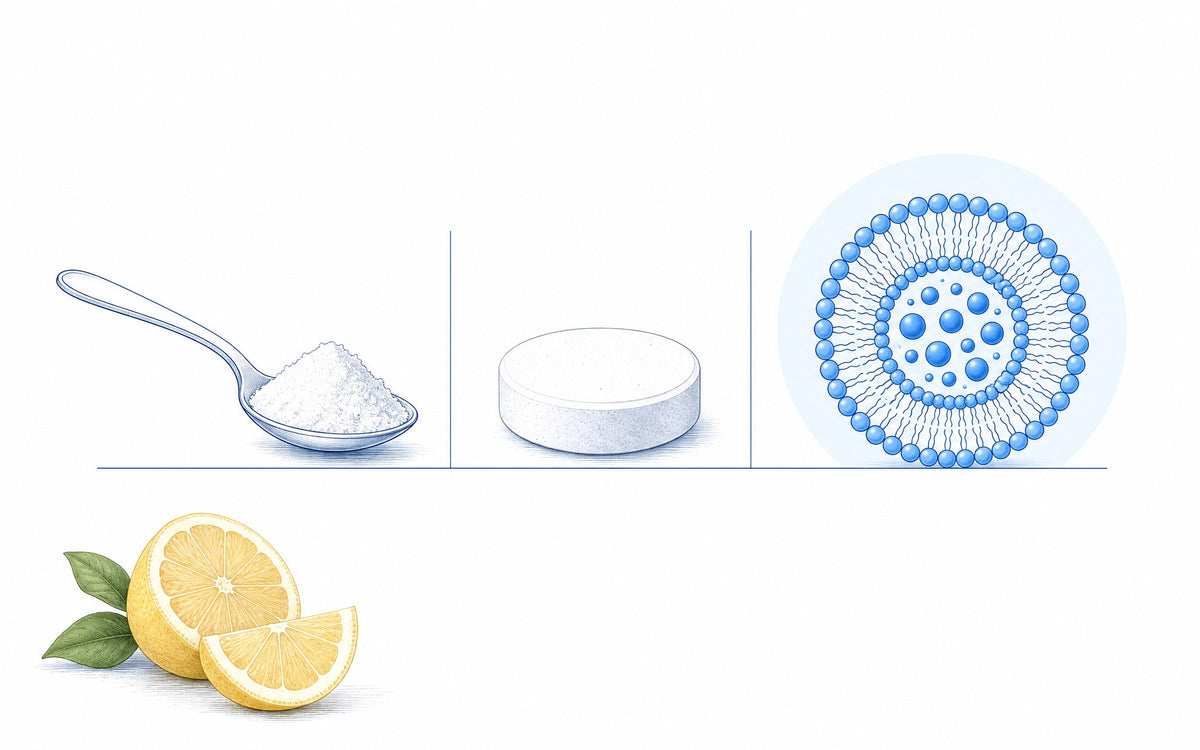 Vitamin C liposomal oder gepuffert: Ascorbinsäure-Pulver, Tablette und Liposom nebeneinander, dazu Zitronenscheiben