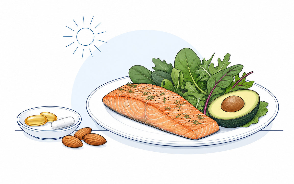 Vitamin D3 und K2 zusammen mit Magnesium einnehmen: Mittagessen mit Lachs und Avocado, daneben Kapseln und Mandeln