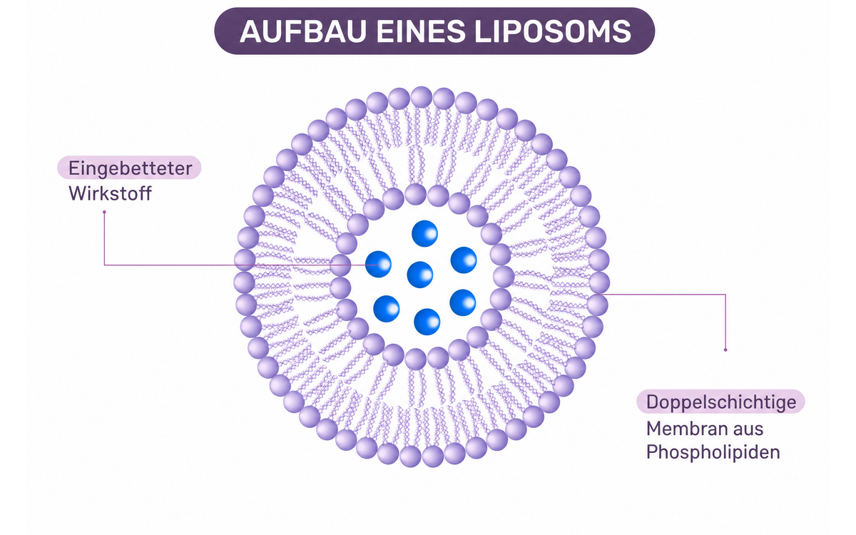 Aufbau eines Liposoms: Wirkstoff im Inneren, umgeben von einer doppelten Hülle aus Phospholipiden