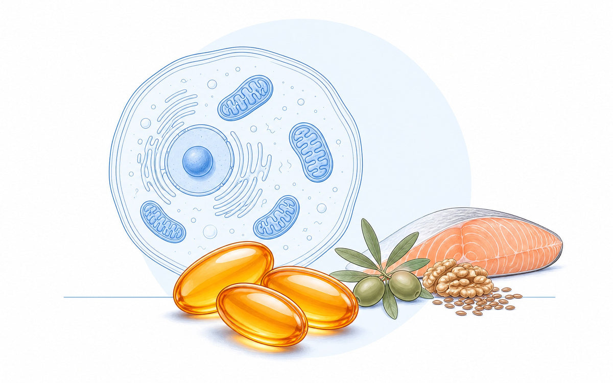 Coenzym Q10, wofür und welche Form? Orange Softgel-Kapseln vor einer Zelle mit Mitochondrien