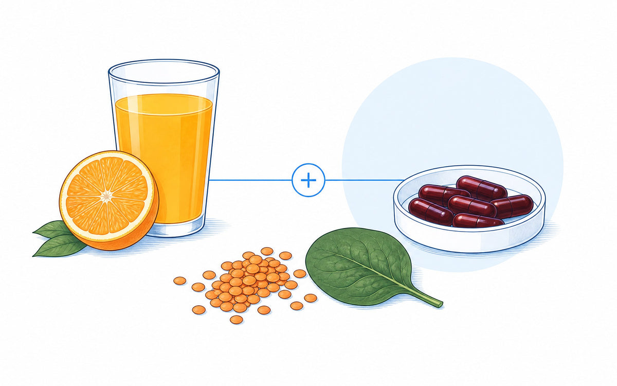 Eisen einnehmen mit Vitamin C: Orangensaft und Orange neben Eisenkapseln, dazu Linsen und Spinat