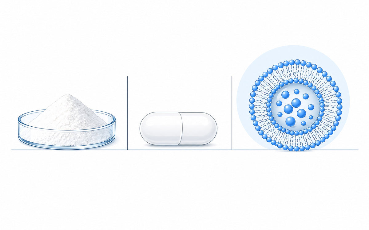 Glutathion liposomal oder reduziert: Pulver, Kapsel und Liposom nebeneinander