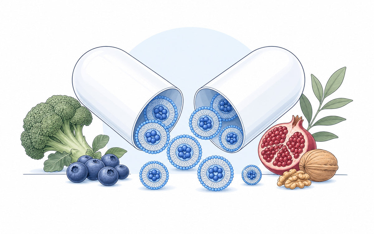 Liposomal oder Kapseln: geöffnete Kapsel, aus der Liposomen herausfallen