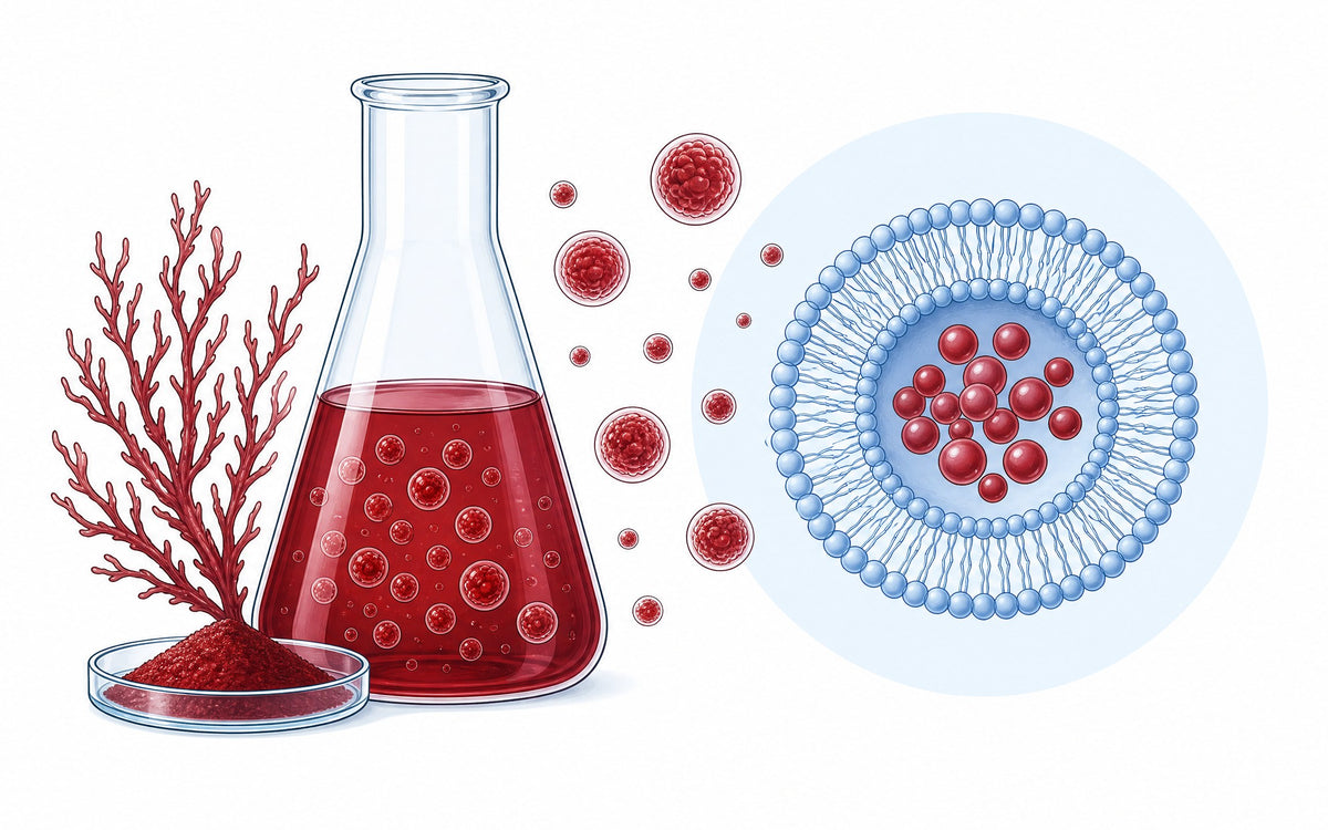 Liposomales Astaxanthin: Kolben mit roter Mikroalgenkultur und ein Liposom