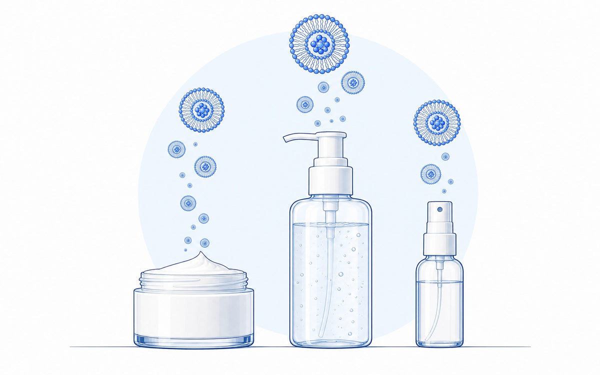 Liposomencreme, Gel und Spray: drei Behälter, aus denen Liposomen aufsteigen