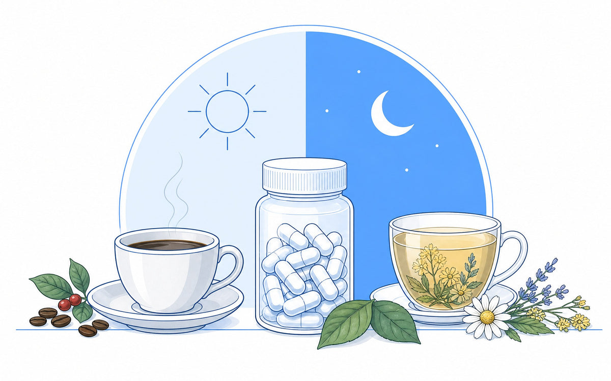Morgens oder abends einnehmen: Tag-und-Nacht-Scheibe über Kaffee, einer Dose Kapseln und Kräutertee