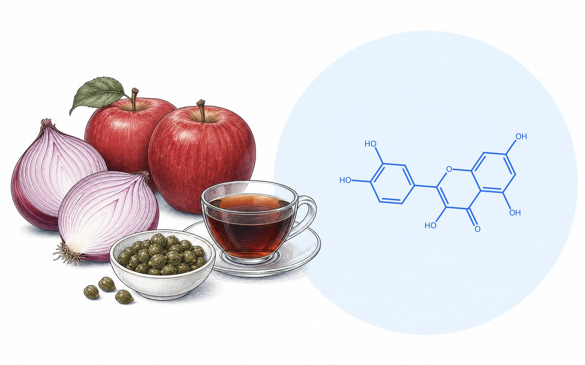 Quercetin, wofür? Rote Zwiebeln, Äpfel, Kapern und Tee neben der Strukturformel von Quercetin