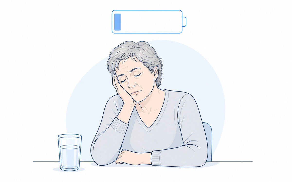 Illustration zu ständiger Müdigkeit: Frau am Tisch, den Kopf in die Hand gestützt, darüber ein fast leerer Akku