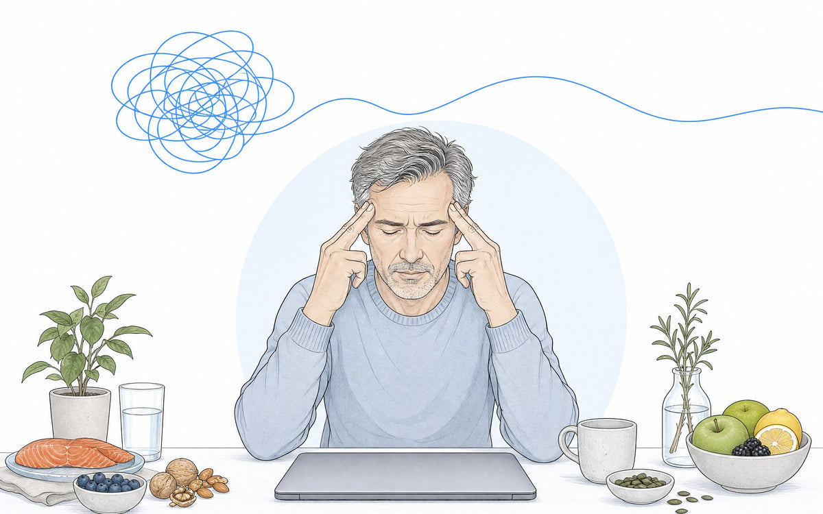 Cortisol senken bei Stress: Mann am Schreibtisch, darüber eine Linie, die sich von einem Knäuel zu einer ruhigen Welle löst
