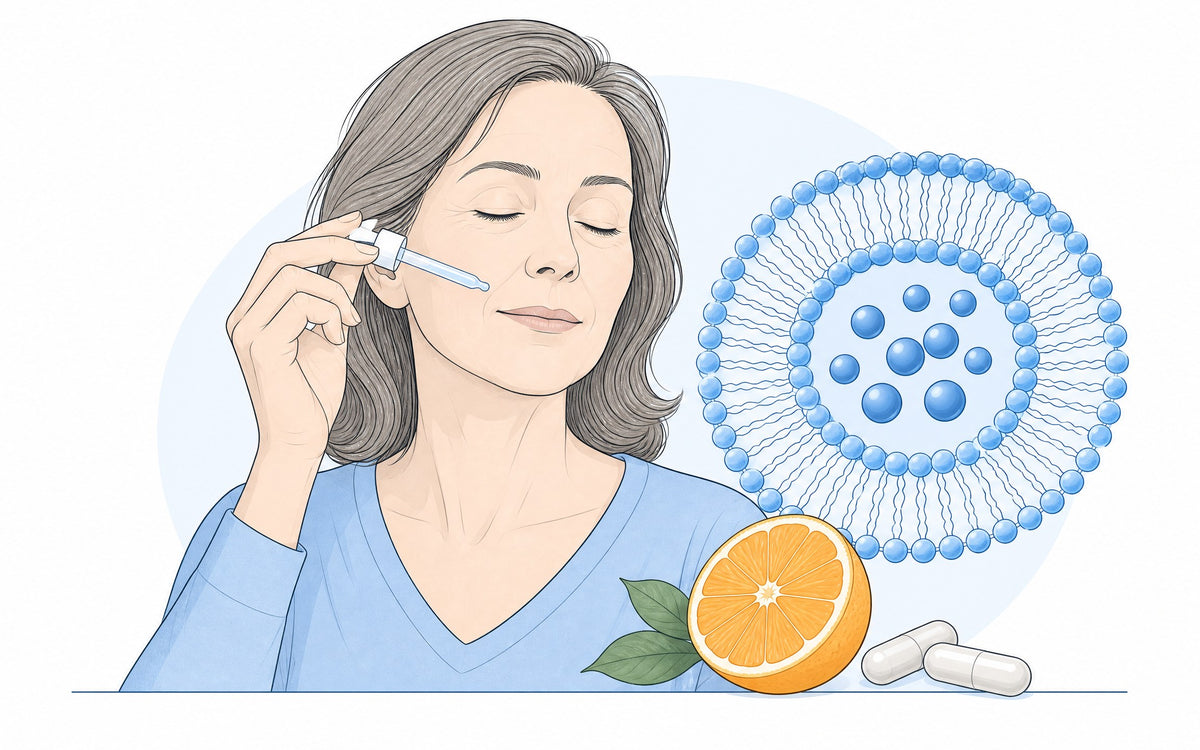 Warum Vitamin C für die Haut wichtig ist: Frau trägt Serum auf, daneben Orange und Kapseln