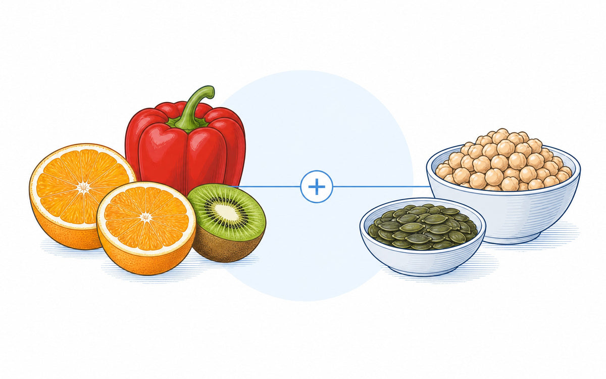Vitamin C und Zink: Orangen, Kiwi und Paprika neben Kürbiskernen und Kichererbsen
