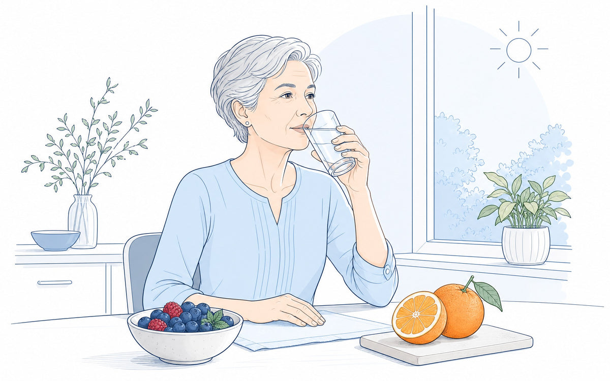 Vitamin C wann einnehmen: Frau am Frühstückstisch mit einem Glas Wasser, Beeren und Orange