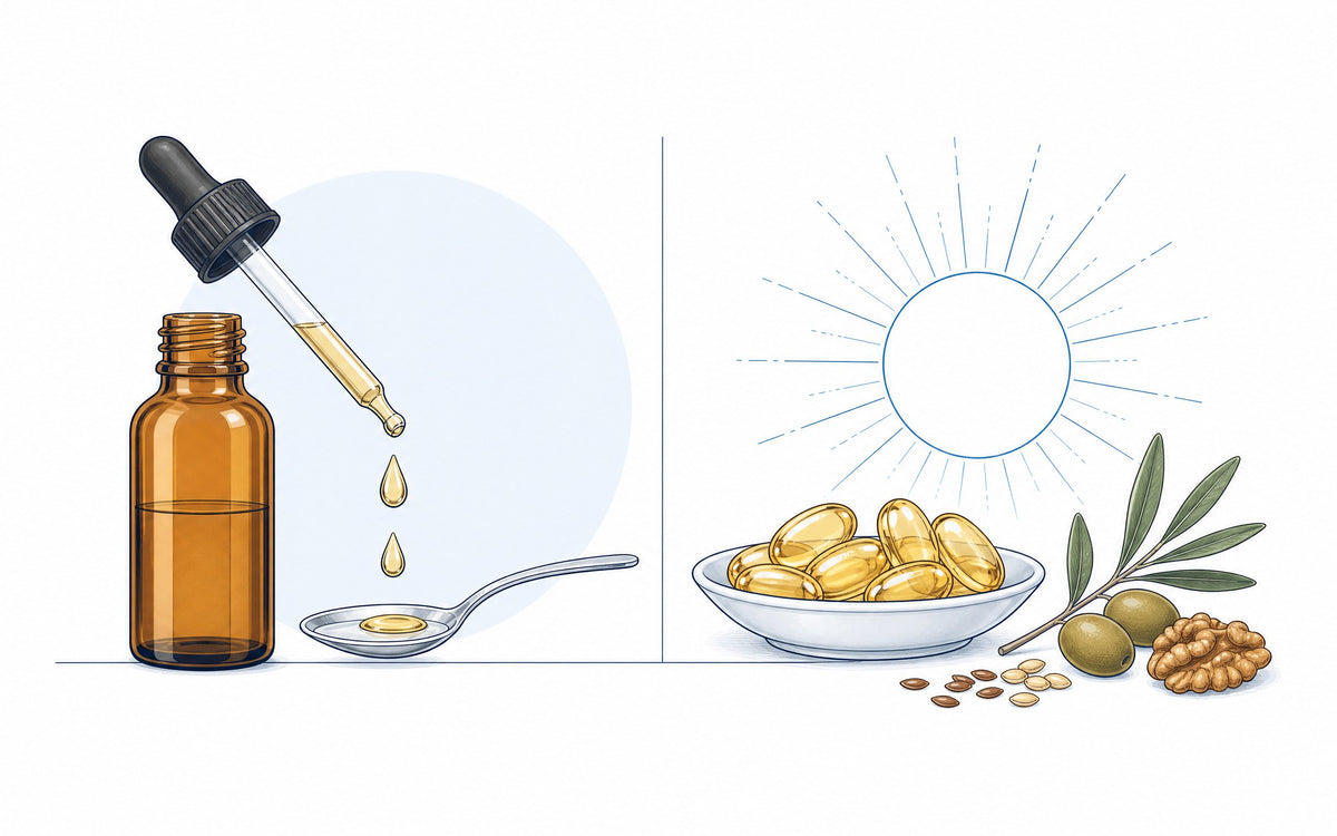 Vitamin D3 und K2: Tropfen oder Kapseln? Pipettenflasche mit Löffel neben Softgel-Kapseln