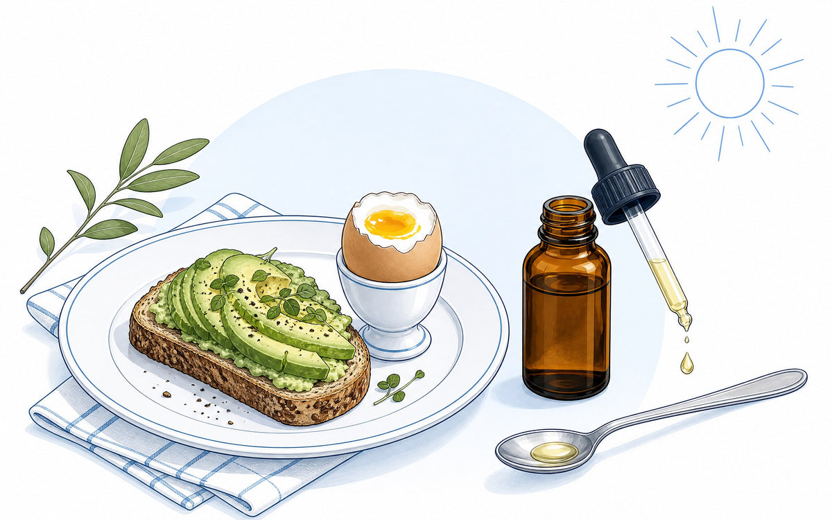 Vitamin D3 und K2 wann einnehmen: Frühstück mit Avocado-Brot und Ei, ein Tropfen fällt aus der Pipette auf einen Löffel