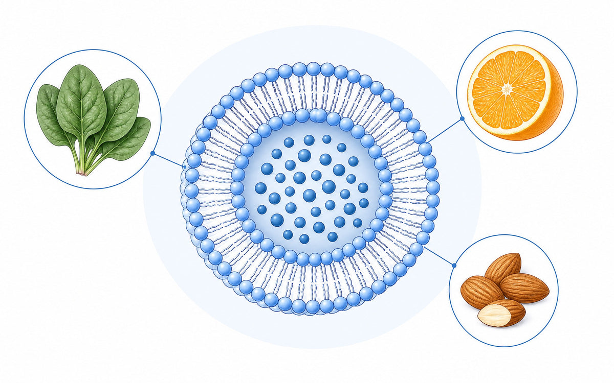 Was ist liposomal? Querschnitt eines Liposoms mit Nährstoffen im Kern, dazu Spinat, Orange und Mandeln