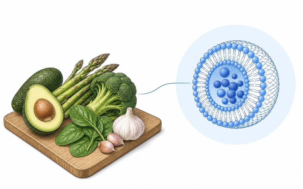 Was ist Glutathion? Avocado, Spargel, Brokkoli, Spinat und Knoblauch neben einem Liposom