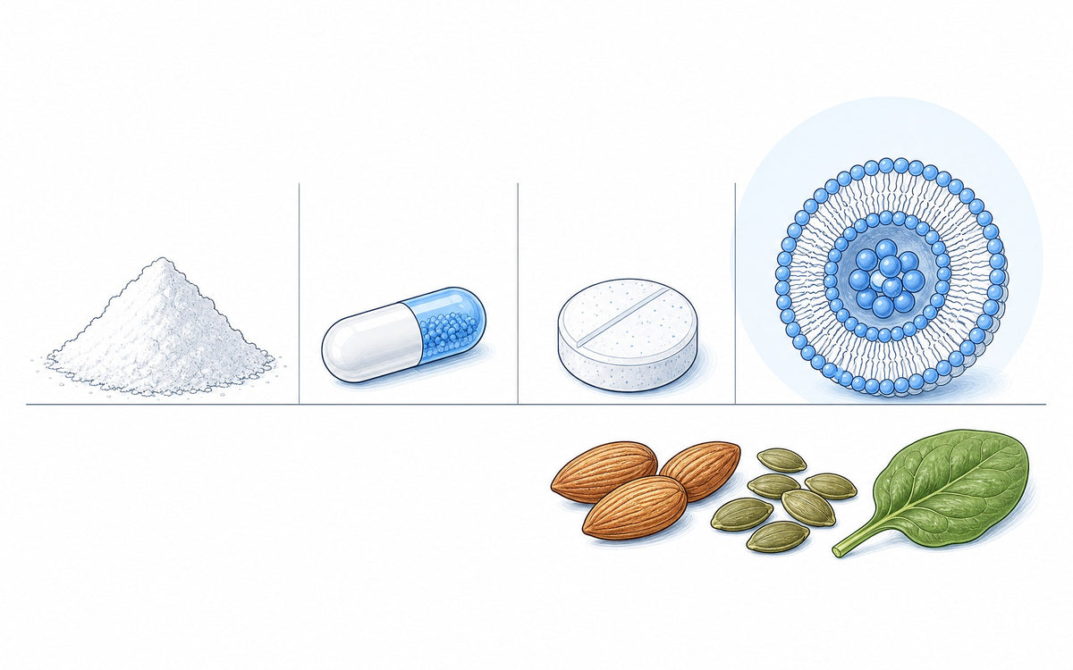 Welches Magnesium? Pulver, Kapsel, Tablette und Liposom nebeneinander, dazu Mandeln, Kürbiskerne und Spinat