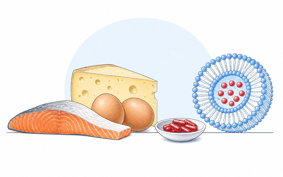 Welches Vitamin B12? Eier, Käse und Lachs neben Kapseln und einem Liposom