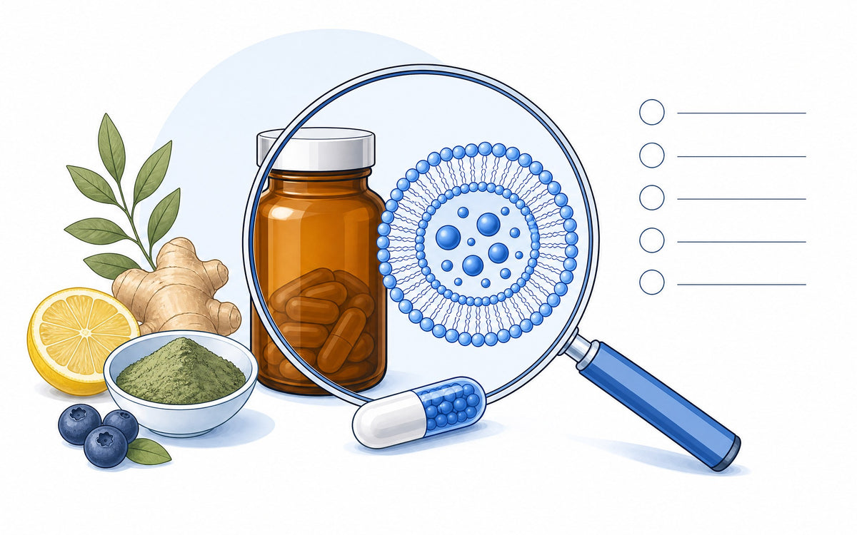 Liposomales Vitamin C: Welches ist das beste? Lupe über Dose und Kapsel neben einer Prüfliste